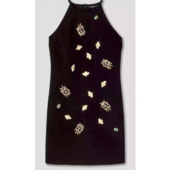 NWT Victoria Beckham M halter DRESS Black embellished gold bug bees appliques - Picture 4 of 8